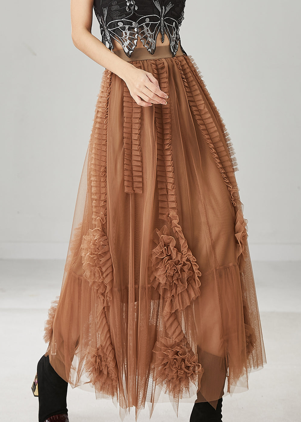 Classy Brown Ruffled Stereoscopic Floral Tulle Skirt Spring YU1063