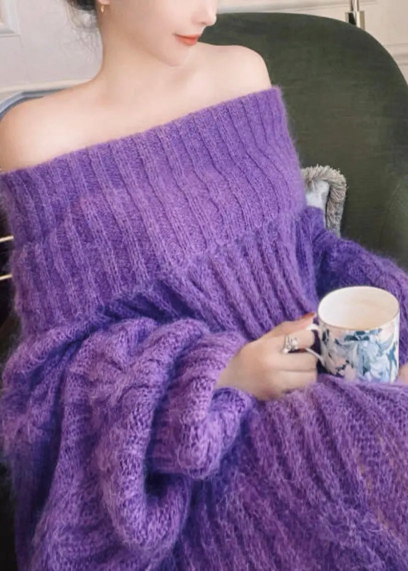 Classy Purple Cold Shoulder Patchwork Ma Hai Mao Knit Sweater Dress Winter Ada Fashion