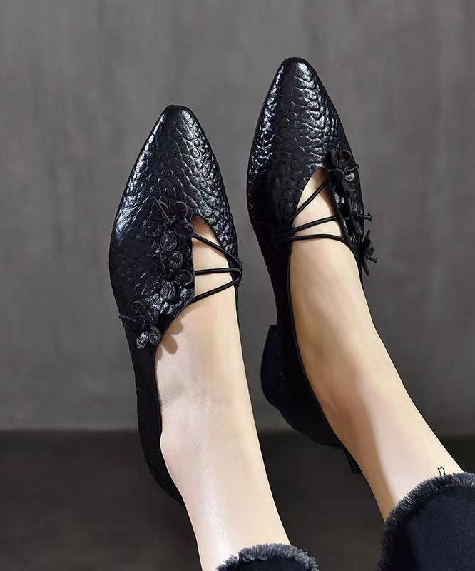 Comfortable Pointed Toe Floral Flats Shoes Black Sheepskin CZ1038