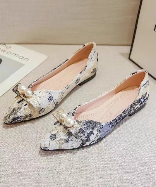 Comfy Black Flat Feet Shoes Cotton Fabric Print Pointed Toe XC1045