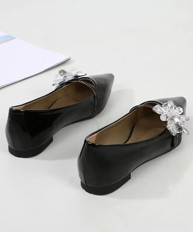 Comfy Black Pointed Toe Zircon Splicing Flat Shoes For Women CZ1021