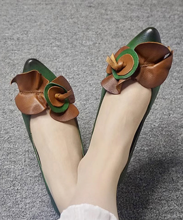 Comfy Green Cowhide Leather Pointed Toe Women Splicing Flat Shoes CZ1045