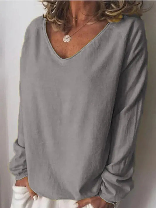 Cotton-Blend Long Sleeve V Neck Shirts & Tops adawholesale