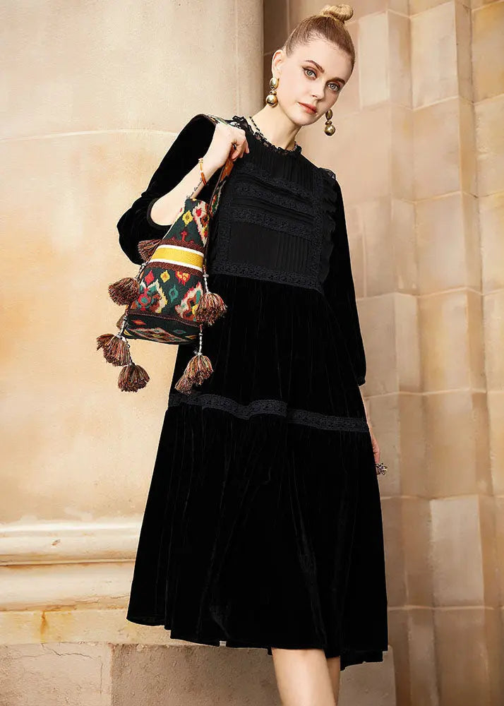 Elegant Black O-Neck Patchwork Silk Velour Holiday Maxi Dress Fall Ada Fashion