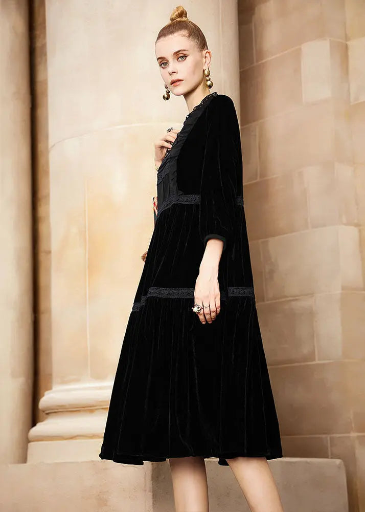 Elegant Black O-Neck Patchwork Silk Velour Holiday Maxi Dress Fall Ada Fashion