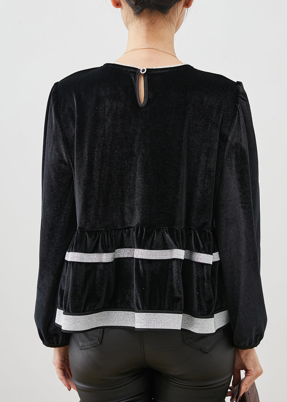 Elegant Black O-Neck Patchwork Silk Velvet Sweatshirt Top Spring YU1054