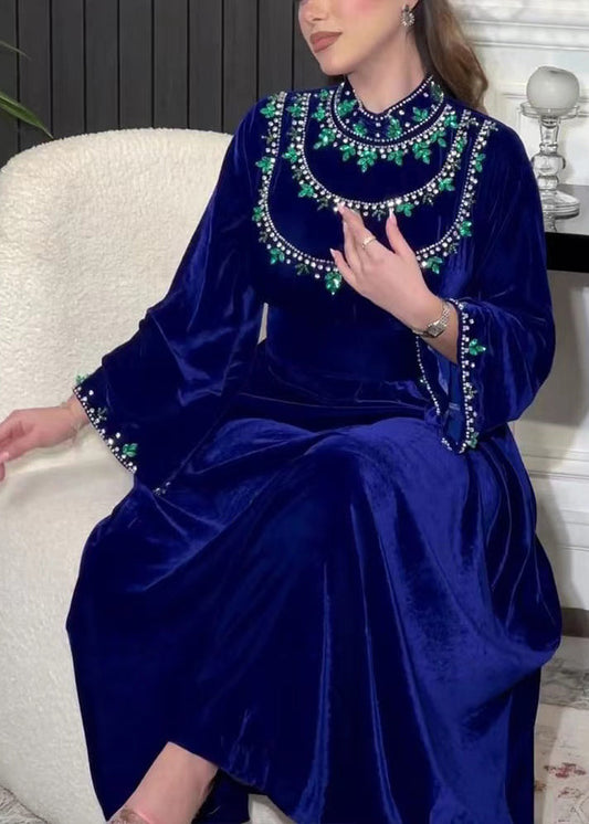 Elegant Blue Zippered Zircon Silk Velvet Long Dress Long Sleeve AA1003