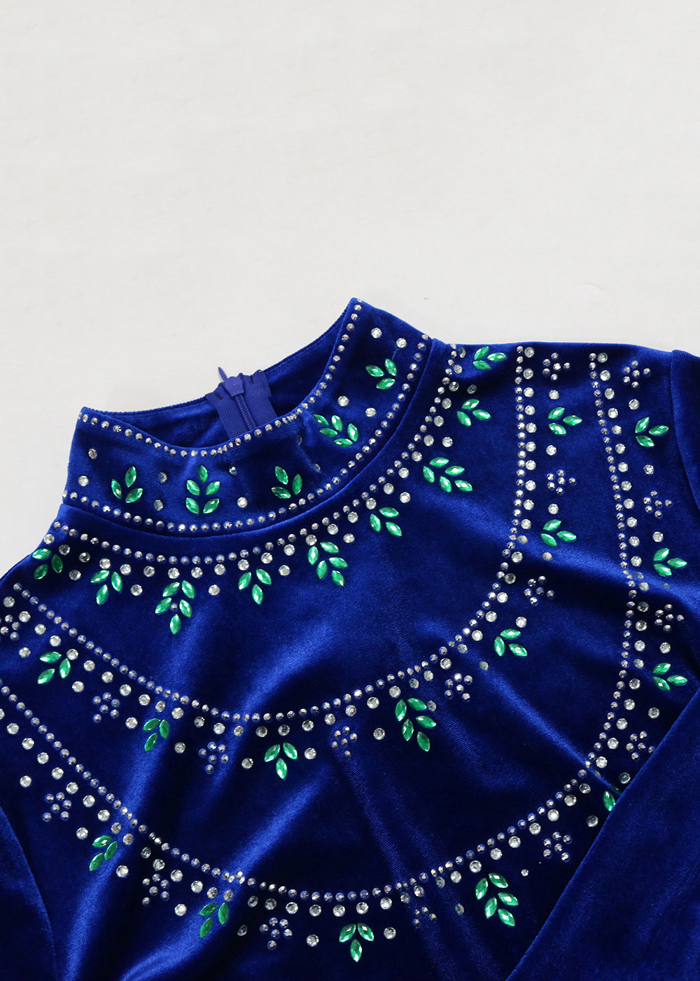 Elegant Blue Zippered Zircon Silk Velvet Long Dress Long Sleeve AA1003