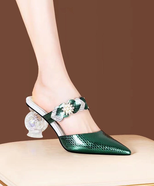 Elegant Chunky Heel Green Zircon Pointed Toe Slide Sandals XC1019