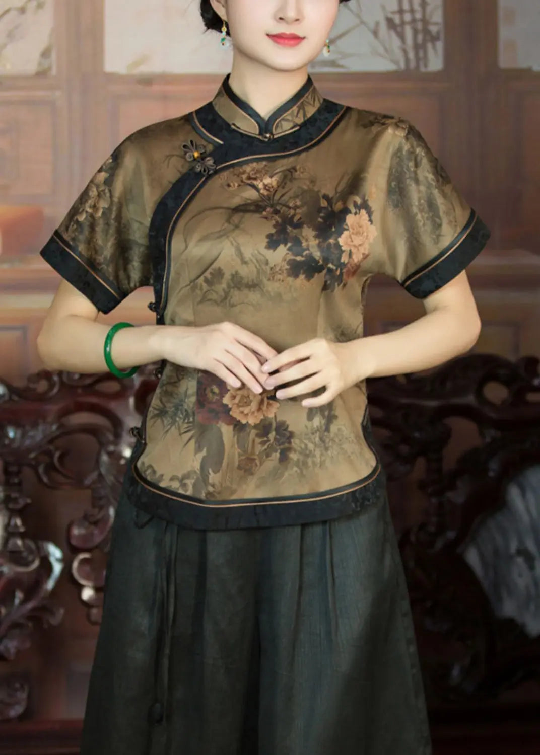 Elegant Dark Khaki Button Print Patchwork Silk Shirts Summer Ada Fashion