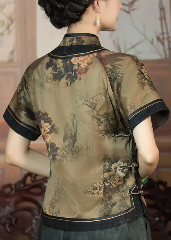 Elegant Dark Khaki Button Print Patchwork Silk Shirts Summer Ada Fashion