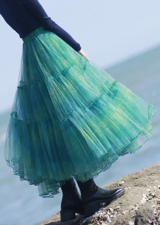 Elegant Green Ruffled Elastic Waist Tulle Skirt Spring Ada Fashion