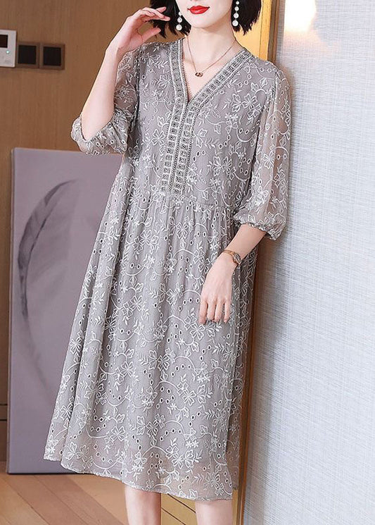 Elegant Grey Embroidered Nail Bead Patchwork Silk Dress Half Sleeve OP1054