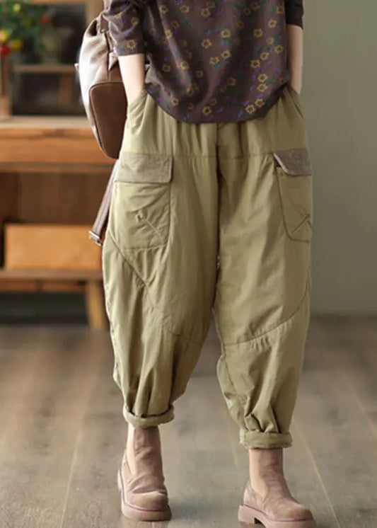 Elegant Light Green Pockets Patchwork Fleece Harem Pants Ada Fashion