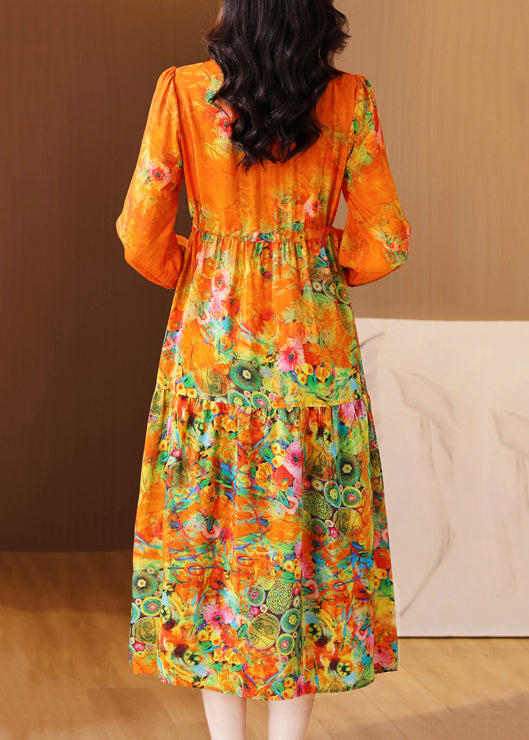 Elegant Orange Ruffled Print Patchwork Silk Long Dress Spring OP1040