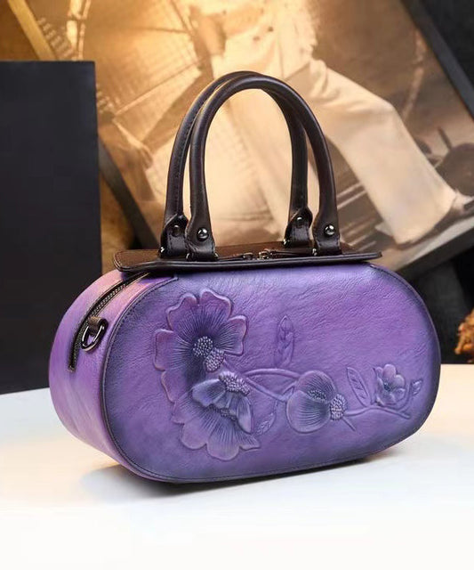 Elegant Purple Handmade Embossed Calf Leather Tote Handbag HJ1027