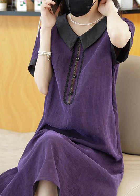 Elegant Purple Solid Patchwork Silk Long Dress Summer OP1077