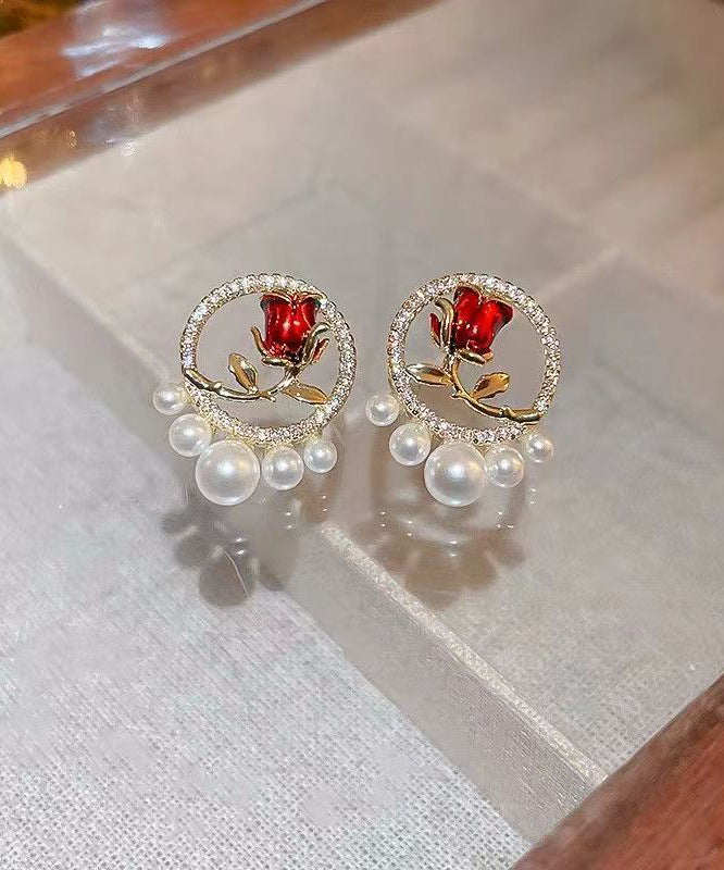 Elegant Red Copper Zircon Pearl Rose Stud Earrings KX1019