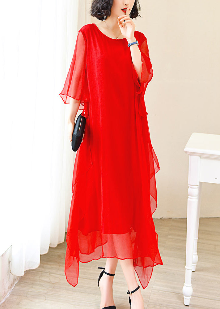 Elegant Red O-Neck Solid Ice Silk Long Dress Flare Sleeve OP1009