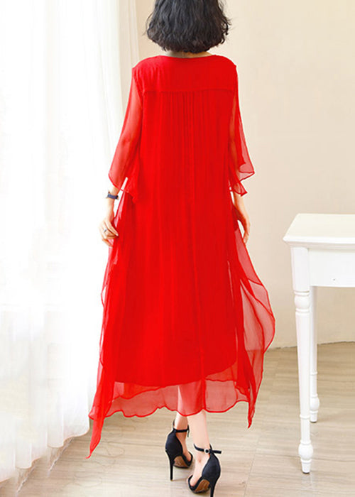 Elegant Red O-Neck Solid Ice Silk Long Dress Flare Sleeve OP1009