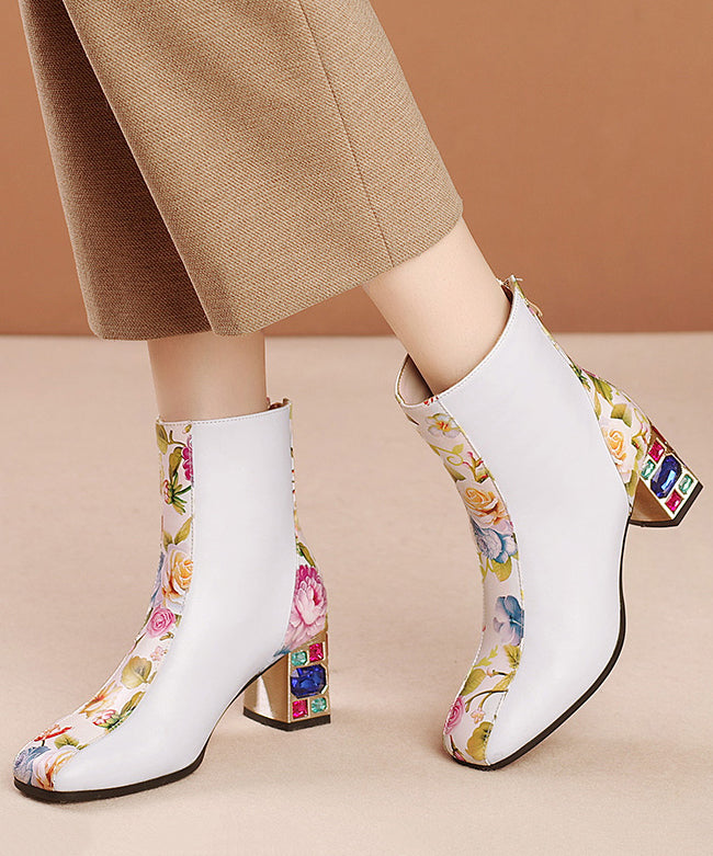 Elegant White Print Zircon Cowhide Leather Chunky Boots RT1057