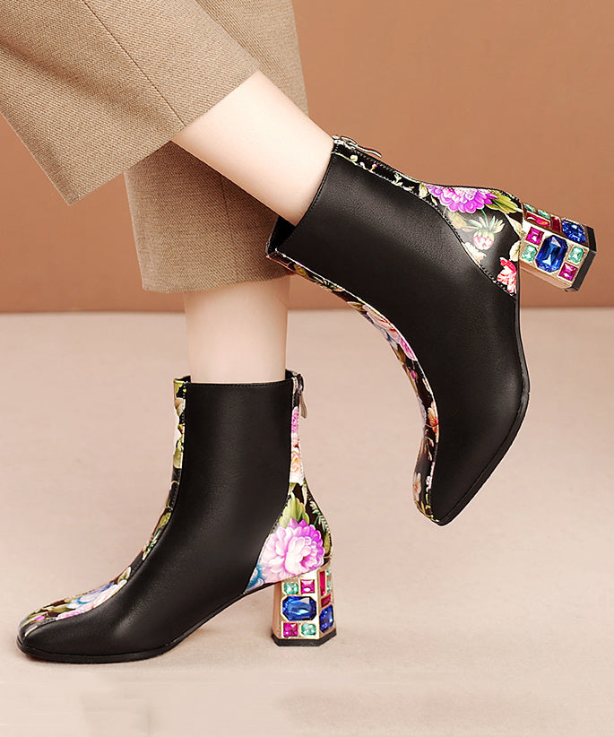 Elegant White Print Zircon Cowhide Leather Chunky Boots RT1057