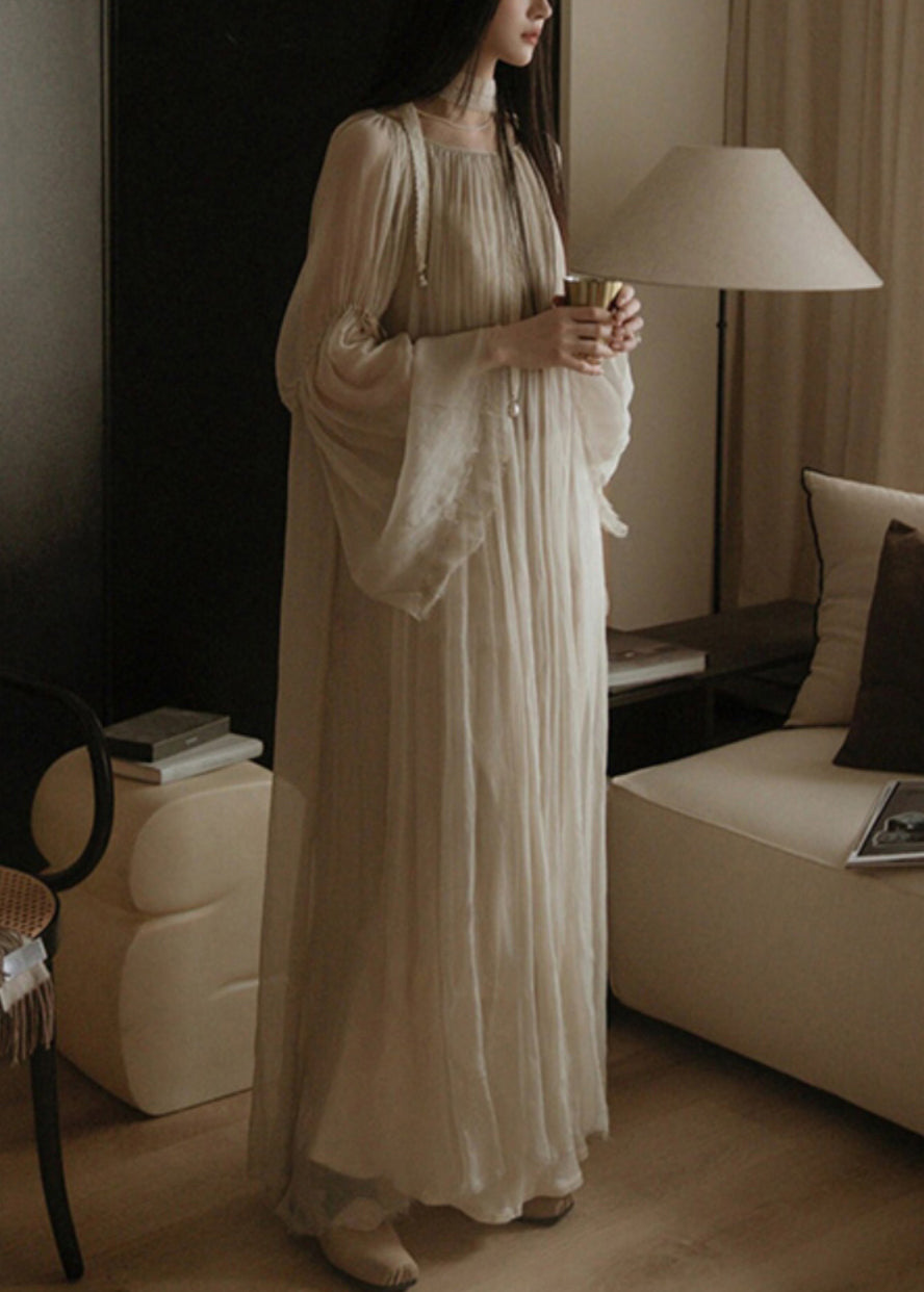 Elegant White Solid Wrinkled Silk Cotton Long Dress Flare Sleeve Ada Fashion