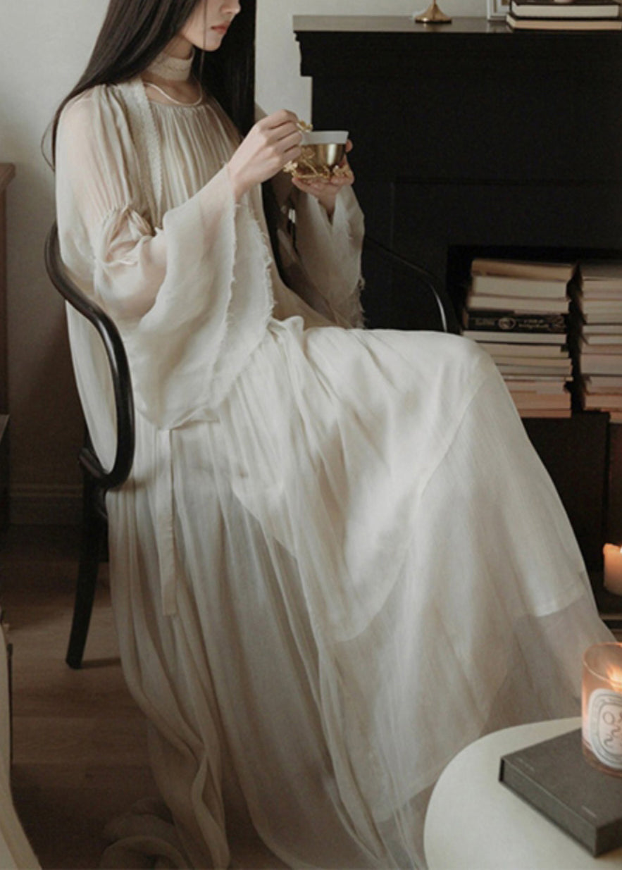Elegant White Solid Wrinkled Silk Cotton Long Dress Flare Sleeve Ada Fashion