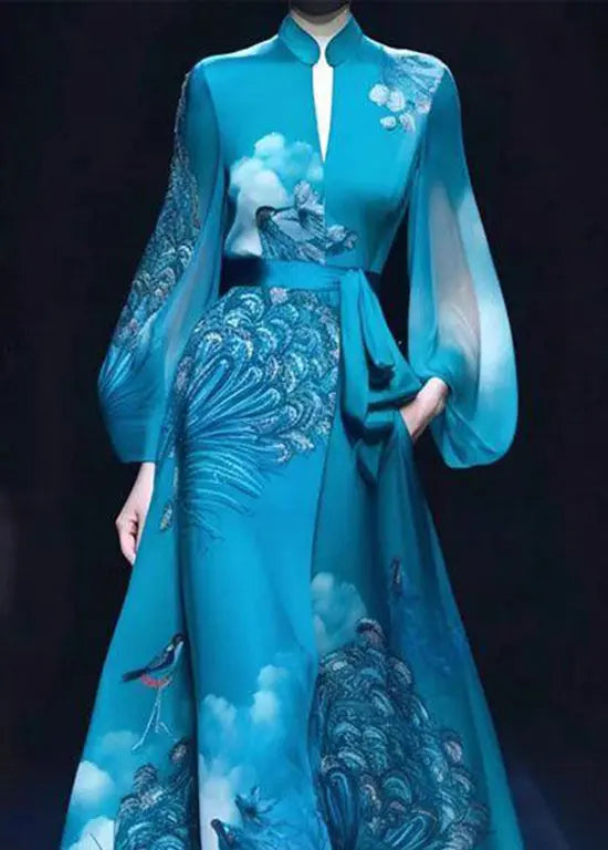 Exquisite Blue Stand Collar Printed Tie Waist Dress Autumn Ada Fashion