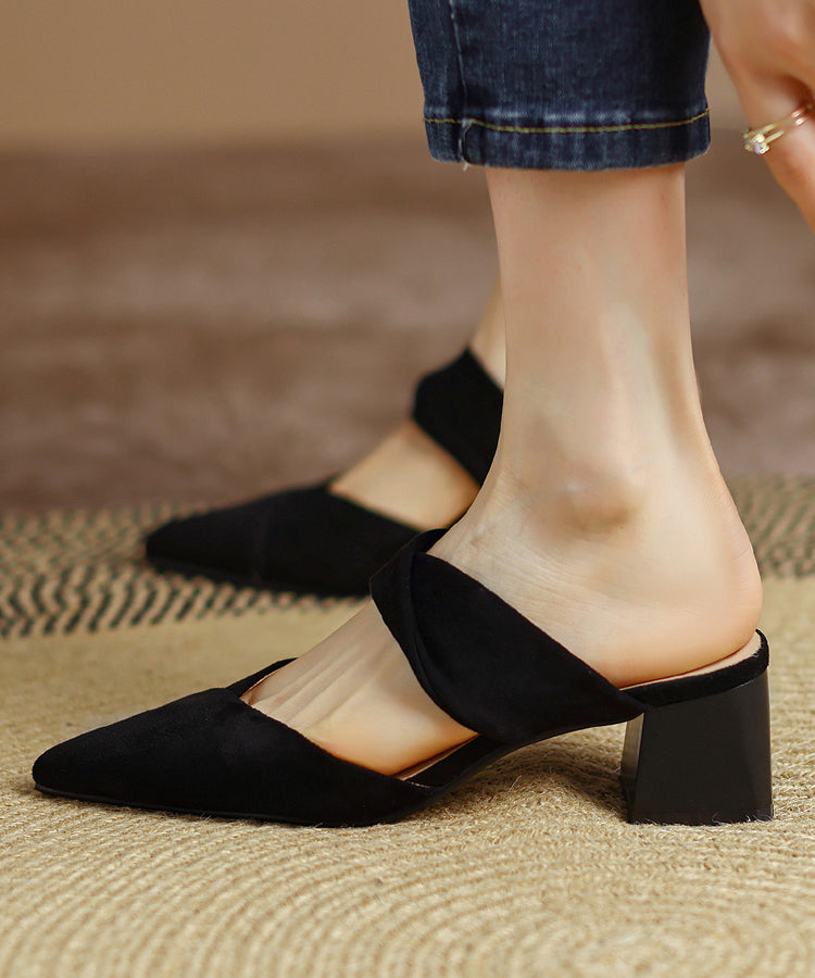 Fashion Black Pointed Toe Chunky Heel Slide Sandals RT1023
