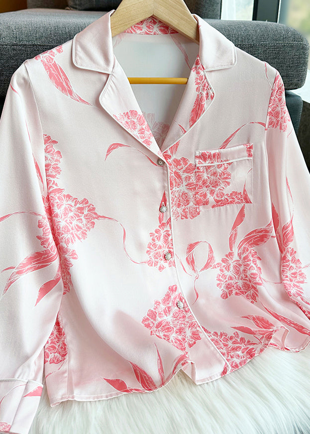 Fashion Pink Print Silk Shirts And Straight Pants Two Pieces Set Long Sleeve XS10301