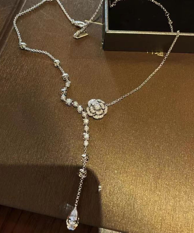 Fashion Silk Sterling Silver Zircon Rose Tassel Pendant Necklace KX1034