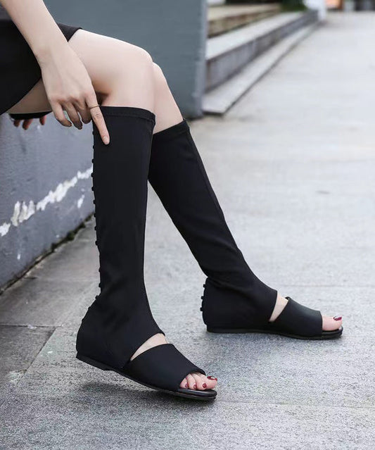 Fashion Splicing Long Boots Black Peep Toe Elastic Fabric XC1055