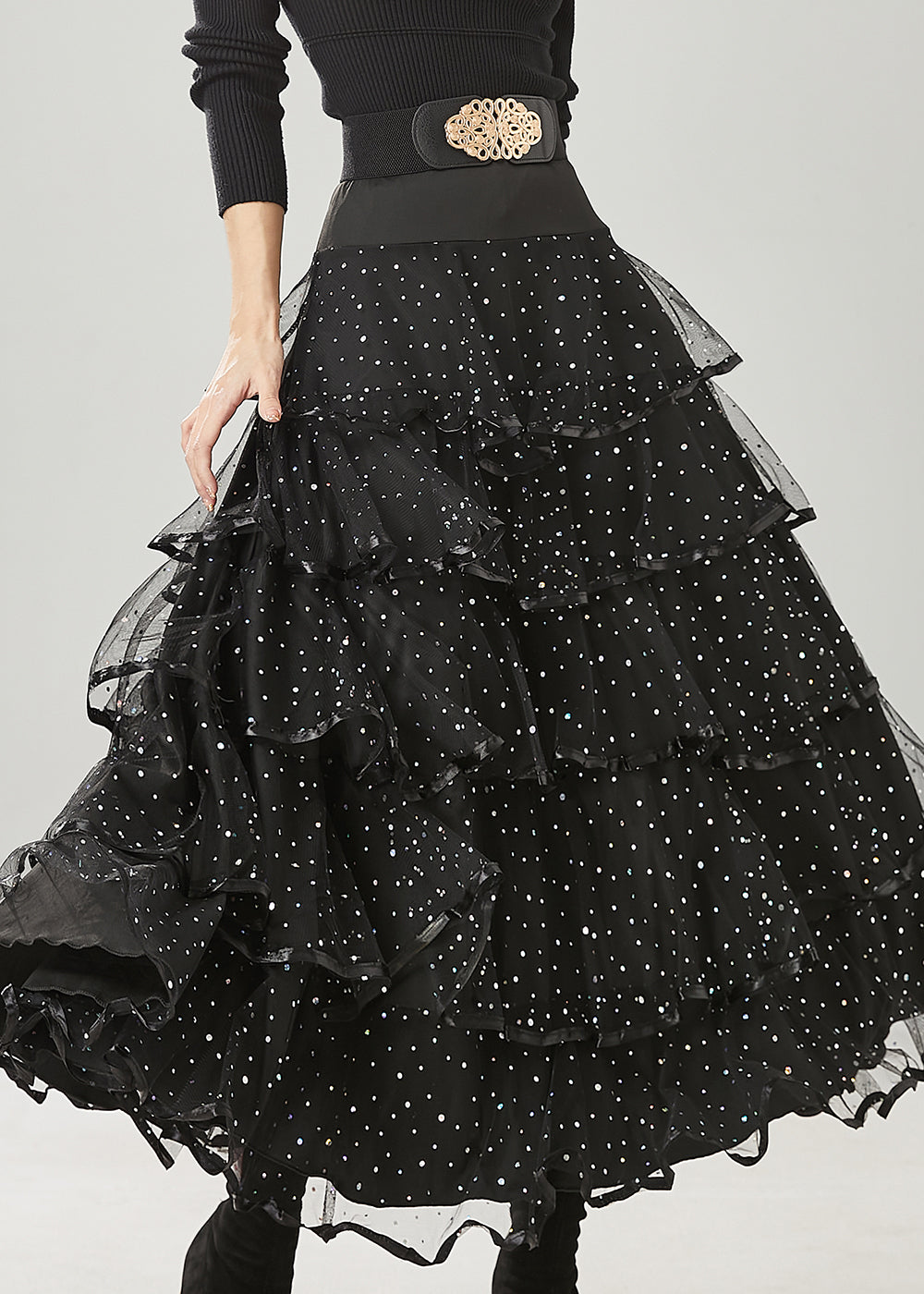 Fine Black Layered Ruffles Tulle Holiday Skirt Spring YU1011