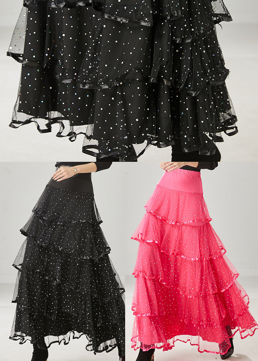 Fine Black Layered Ruffles Tulle Holiday Skirt Spring YU1011