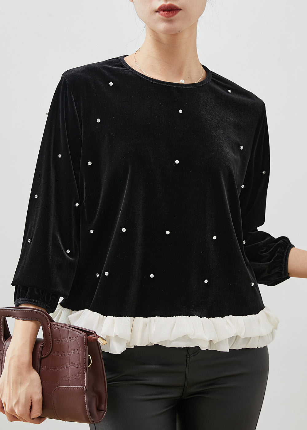 Fine Black Ruffled Patchwork Nail Bead Velour Blouse Tops Spring YU1055