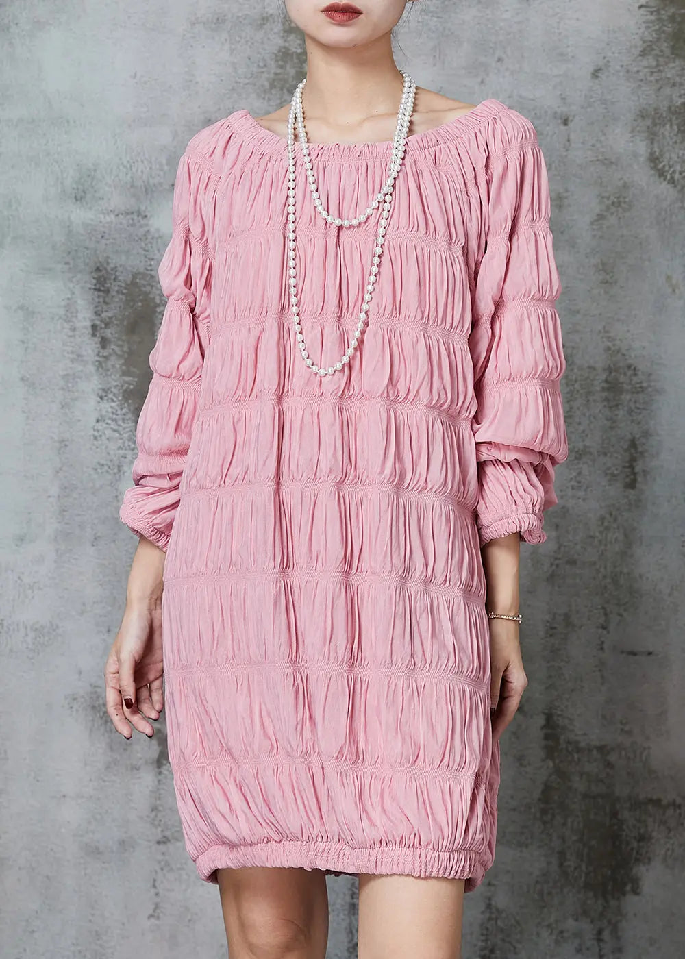 Fine Pink Slash Neck Wrinkled Cotton Mid Dress Spring Ada Fashion
