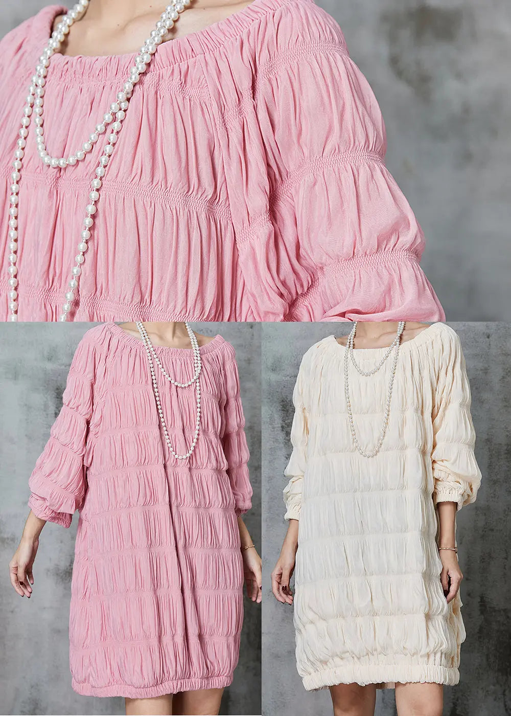 Fine Pink Slash Neck Wrinkled Cotton Mid Dress Spring Ada Fashion