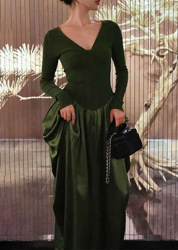 Fitted Green V Neck Wrinkled Knit Patchwork Silk Long Dresses Fall Ada Fashion