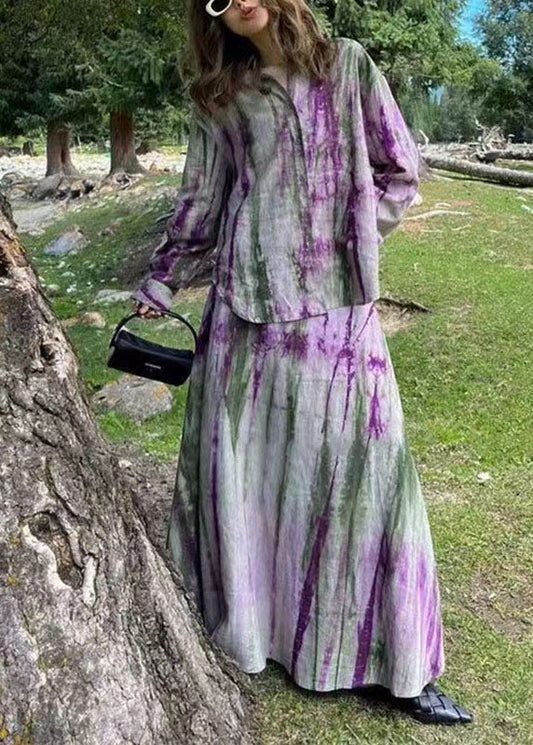 Fitted Purple Peter Pan Collar Tie Dye Shirts And Maxi Skirts Two Piece Set Long Sleeve VB1041