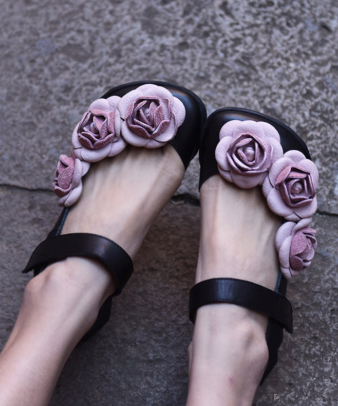 Floral Black Buckle Strap Splicing Leather Upper Baotou Walking Sandals RT1033