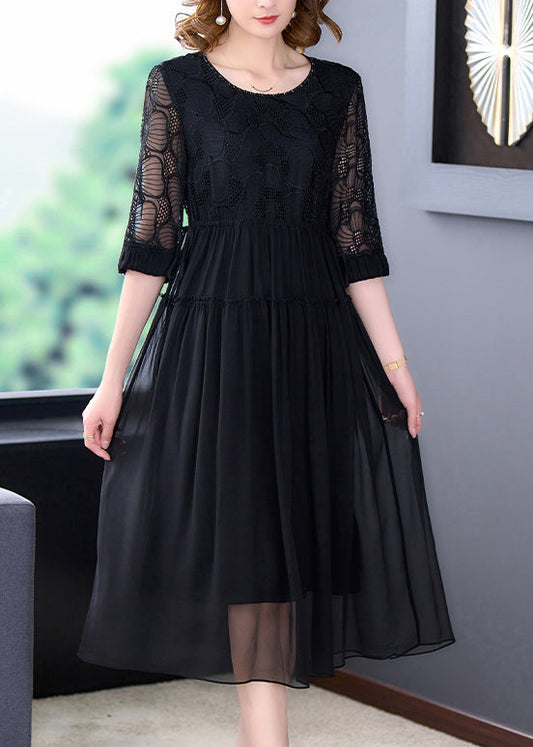 French Black Wrinkled Lace Up Chiffon Long Dress Half Sleeve OP1008