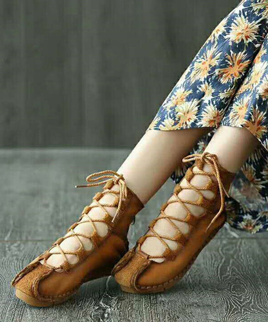 French Khaki Hollow Out Lace Up Cowhide Leather Flats Feet Shoes RT1049