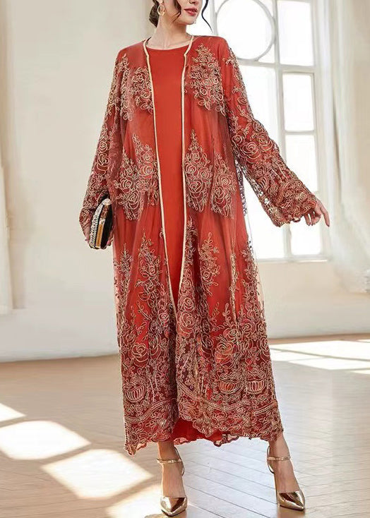 French Orange Embroidered Solid Tulle Two Piece Suit Spring AA1039