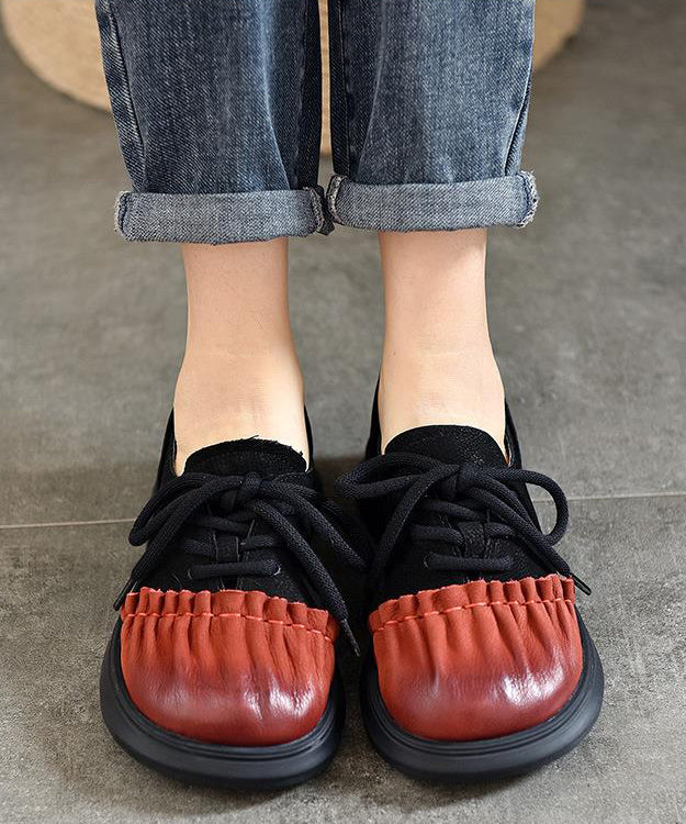 French Red Lace Up Splicing Cowhide Leather Flats Shoes RT1039