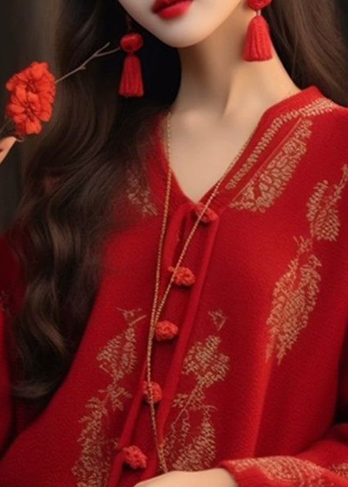 French Red V Neck Button Knit Top Long Sleeve AS1004 Ada Fashion