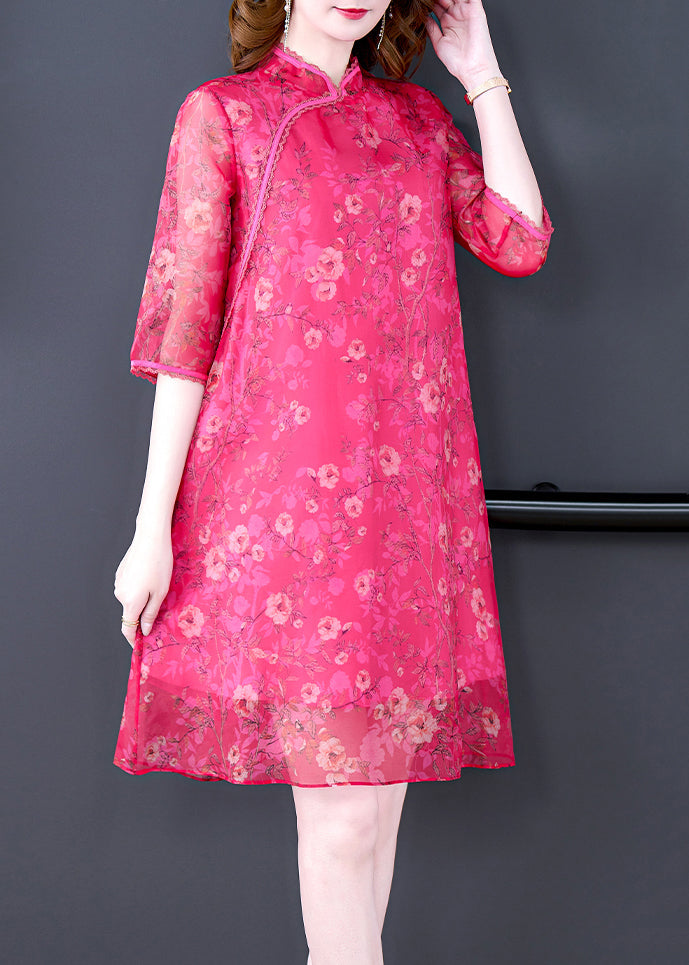 French Rose Stand Collar Print Silk Dress Half Sleeve OP1003
