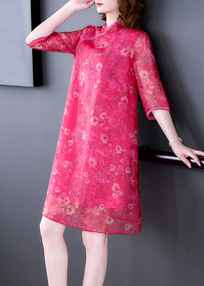 French Rose Stand Collar Print Silk Dress Half Sleeve OP1003