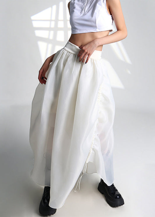 French White Drawstring High Waist Tulle Skirt Summer Ada Fashion