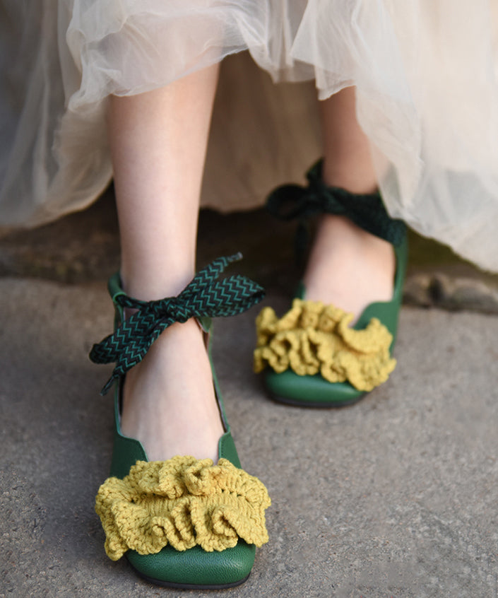Green Knit Splicing Genuine Leather Cross Strap Flats Shoes RT1031